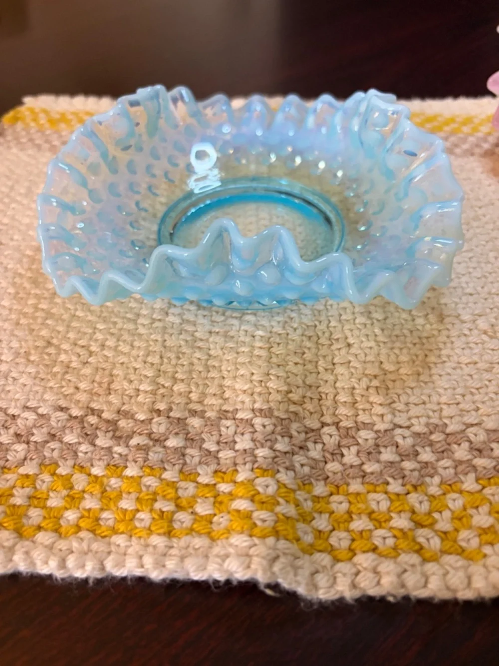 Vintage MCM (1940-69) Fenton Art Opalescent Aquamarine Hobnail Ruffled Dish
